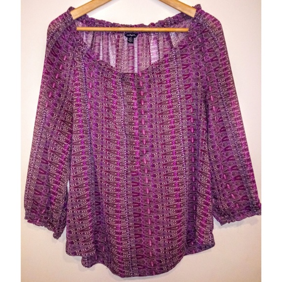 3/$24! AEO Purple Boho Sheer Chiffon Peasant Top - Picture 2 of 4